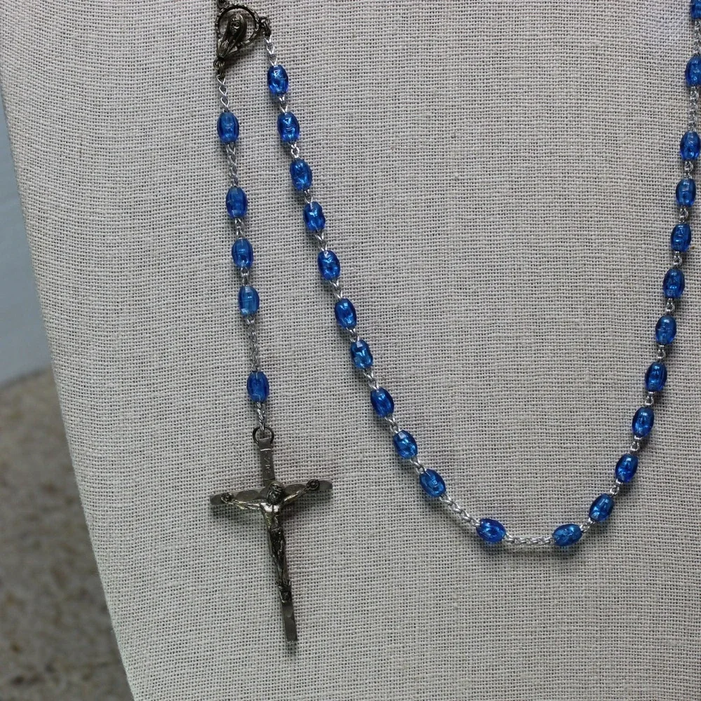 Vintage Rosary Blue Faceted Glass Bead Italy Crucifix Catholic Prayer Necklace